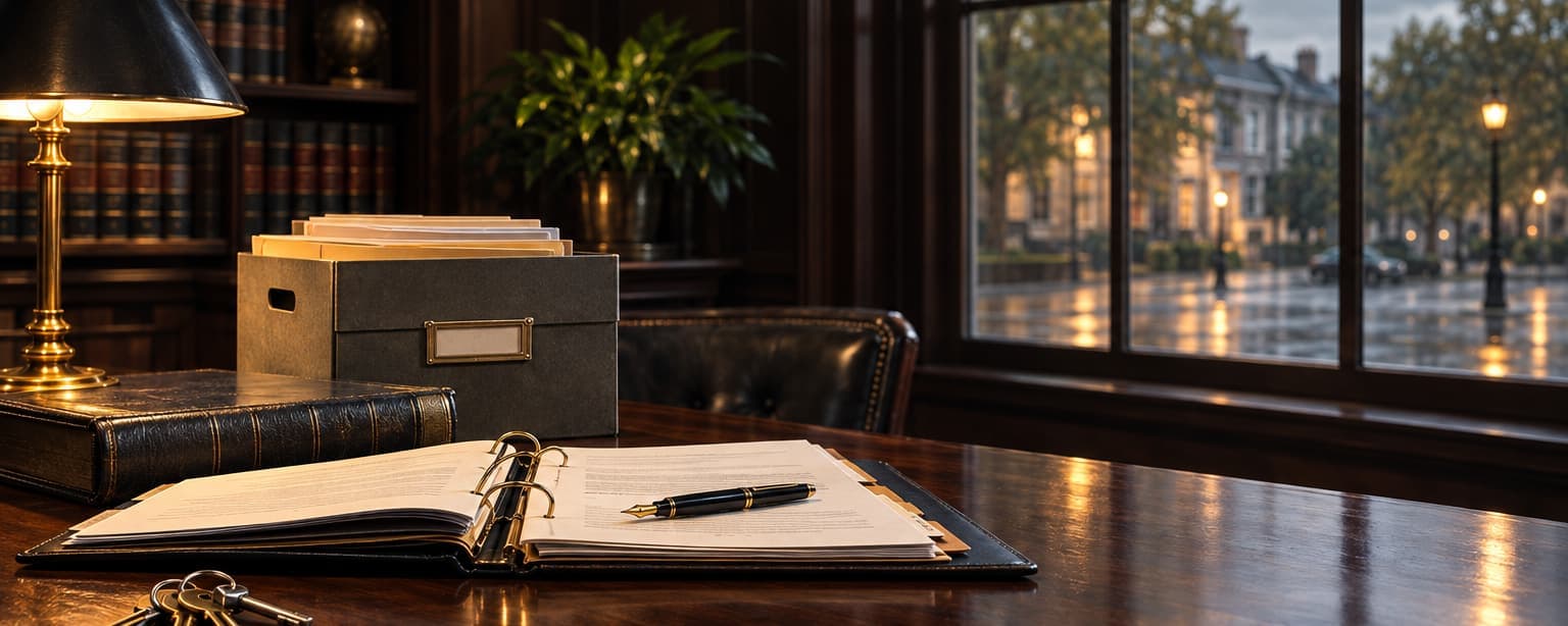 A desk with a trust binder open, a ledger, a ring of keys, an estate file box and a fountain pen, with a window onto a quiet street
