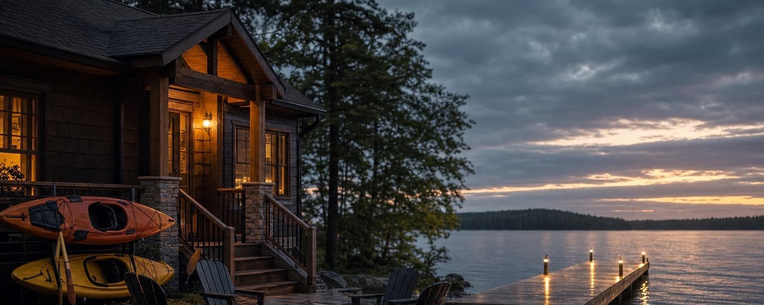 A lakeside vacation cabin at dusk with its porch light on, kayaks on a rack beside the steps and a fire pit ringed with chairs, a dock running out into the water