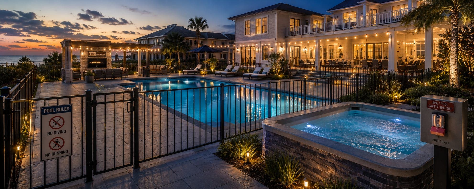 A vacation rental pool with safety fencing, a spa shutoff and no-diving signage
