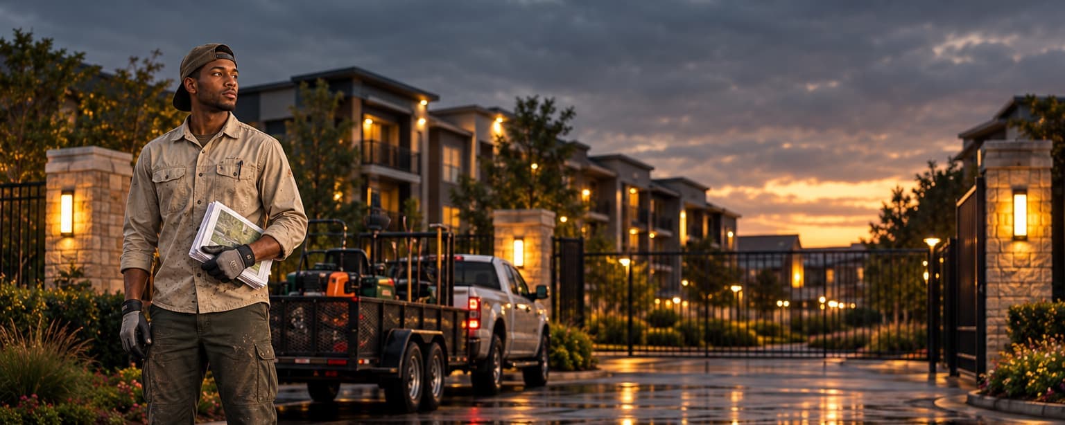 A young landscaping crew lead in a work shirt and backwards cap holding a folded vendor packet at the gated entrance of an apartment complex at dusk, a pickup with an equipment trailer behind him
