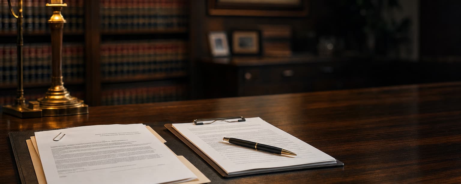 Two signed agreements side by side on a dark desk with a pen and a brass lamp, law reports shelved behind