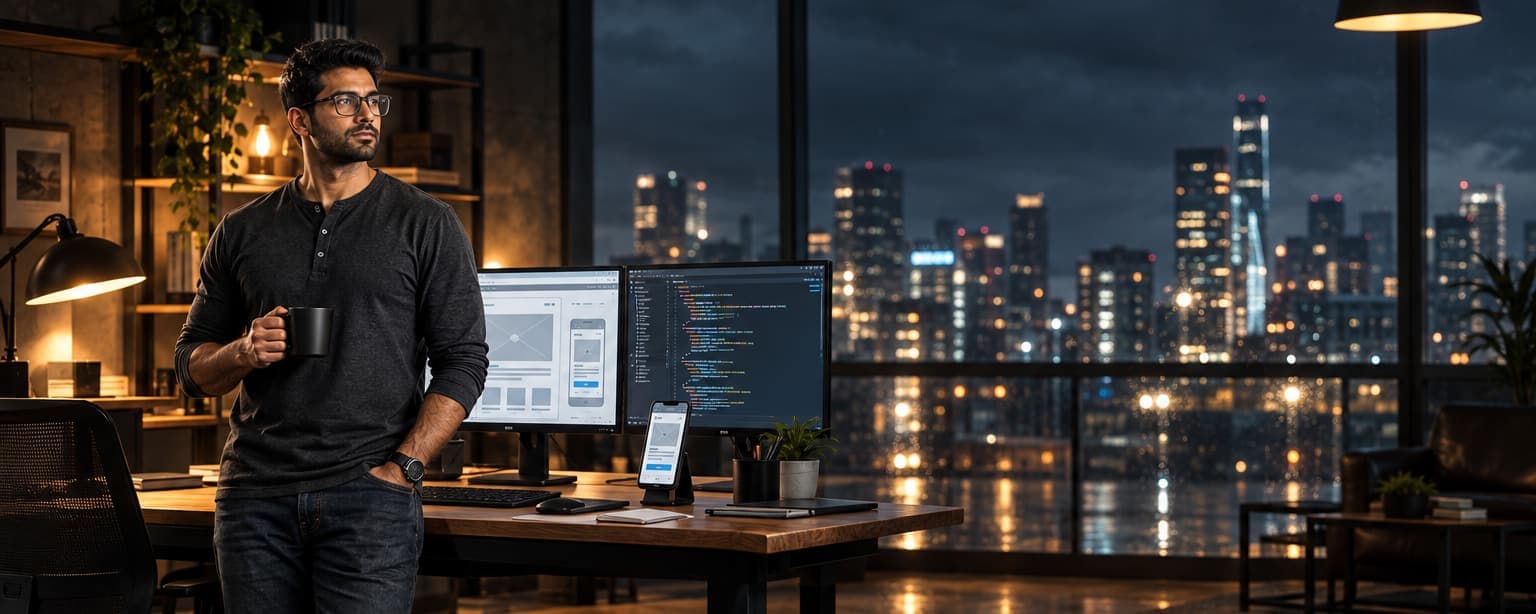 A web designer in glasses and a dark henley standing beside his desk at night with a coffee, two monitors showing a website wireframe and code, a phone mockup on a stand and city lights through the window