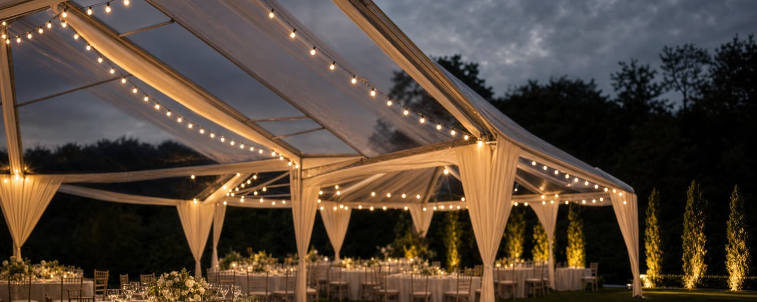 A wedding reception marquee at dusk before guests arrive, round tables set with glassware and low florals, festoon lights strung overhead and a dance floor laid on the lawn