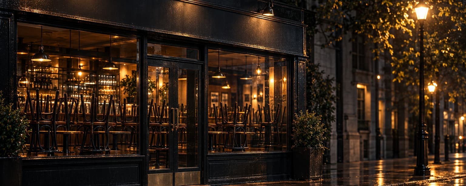 A closed bar seen from the dark street outside, chairs stacked on the tables behind the glass and an unlit sign above the door, wet sidewalk reflecting a streetlight