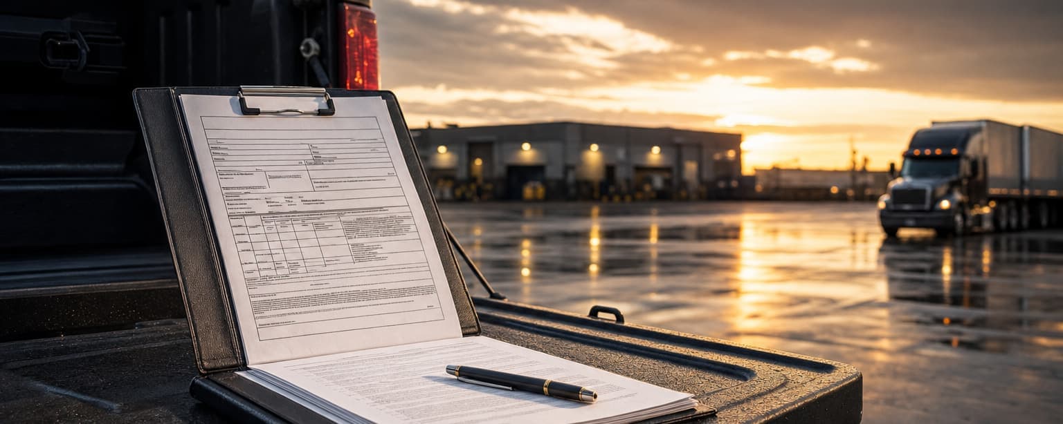 A clipboard holding a certificate propped on an open tailgate at a freight yard at sunrise, a truck pulling in behind