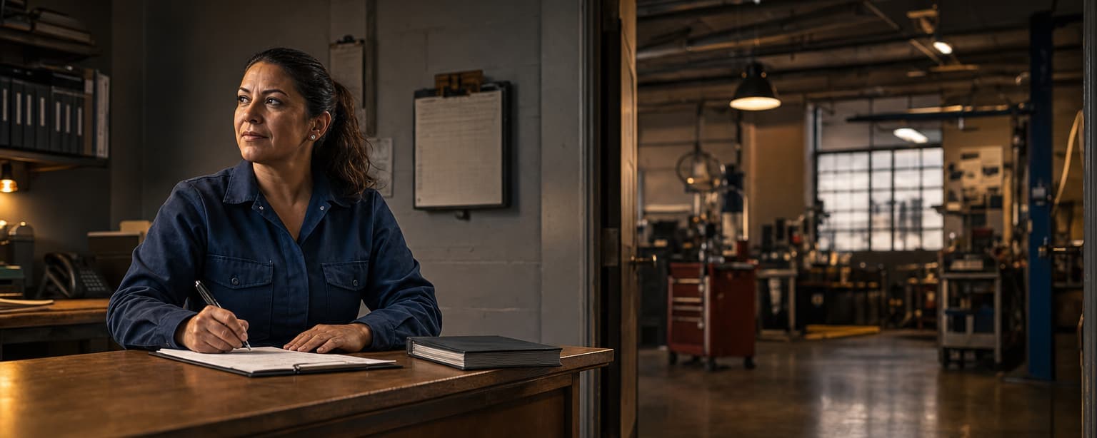 A business owner signing an officer exclusion form at a small office desk with a company minute book beside her, a workshop visible through the doorway