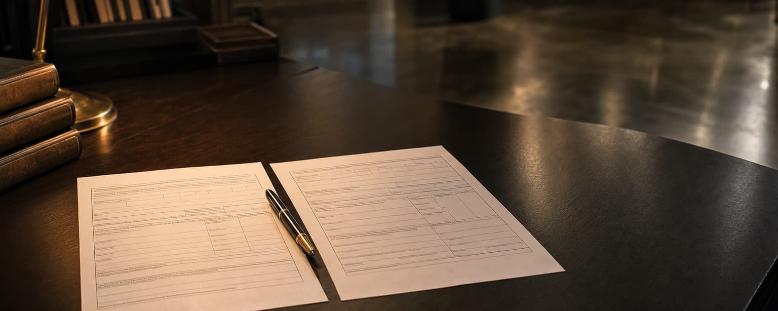 Two claim forms laid side by side on a desk with a pen between them, a brass lamp and bound volumes at the edge of frame