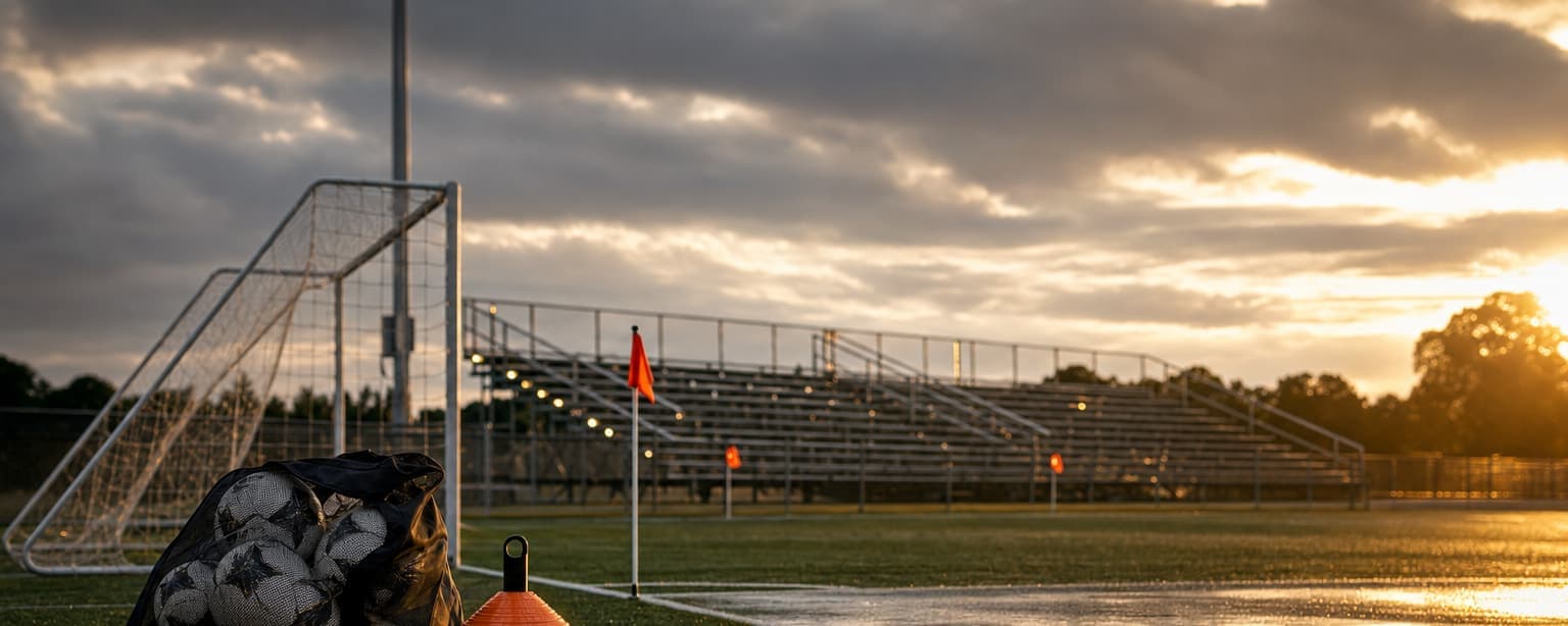A youth soccer field at golden hour, goals and corner flags set, a bag of balls and a cone stack on the touchline and empty aluminum bleachers behind