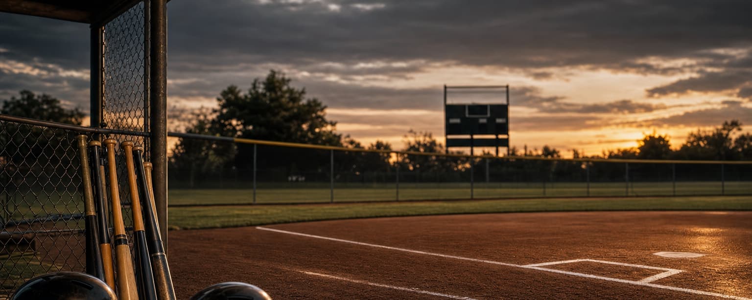 A youth baseball diamond at golden hour, freshly chalked base lines, a bat rack and batting helmets on the dugout bench and a dark scoreboard beyond the outfield fence