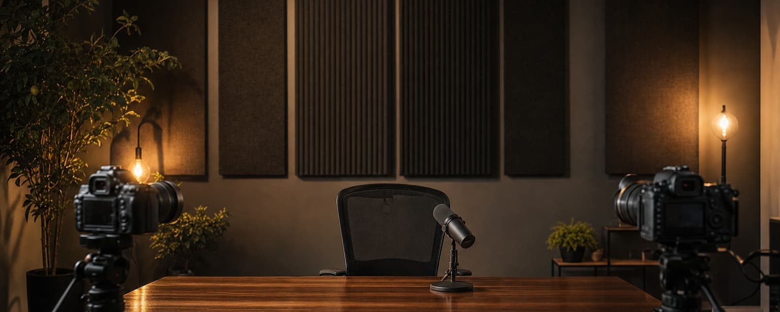 A two-camera talking-head set in a spare room, both cameras on tripods facing an empty chair behind a desk microphone, with acoustic panels and warm accent lighting on the back wall