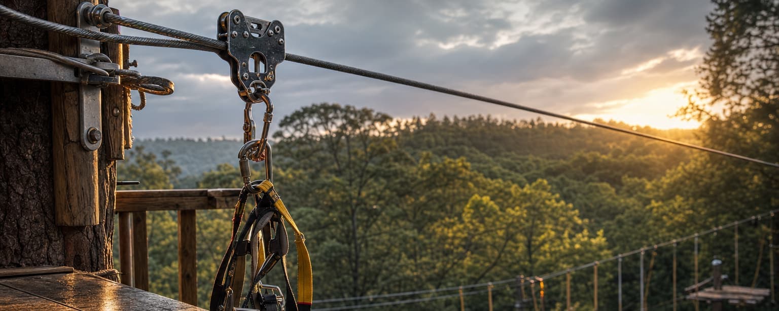 A zip line launch platform high in a forest canopy at golden hour, a trolley hanging on the cable and a harness clipped to the platform rail, ropes course elements strung between trees beyond